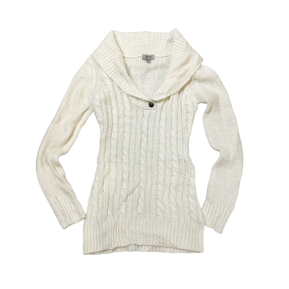 Y2K Guess Womens White Cable Knit Shawl Collar Sweater Tunic Cozy Size Medium